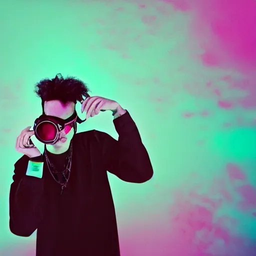 Image similar to kodak portra 1 6 0 photograph of a skinny nerdy goth guy with wild hair wearing goggles and eclectic jewelry, moody lighting, telephoto, 9 0 s vibe, rave background, vaporwave colors, faded!,