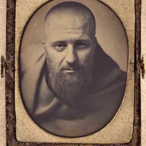 Image similar to tintype photograph of medieval monk, medieval abbot, italian monastery, medieval photograph