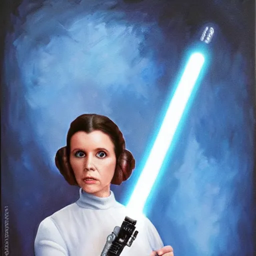 Image similar to painting of Princess Leia holding a blue lightsaber