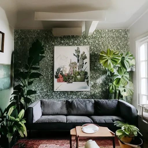 Prompt: a living room with plants and a painting on the wall, featured on tumblr, light and space, sanctuary, soft light, aesthetic