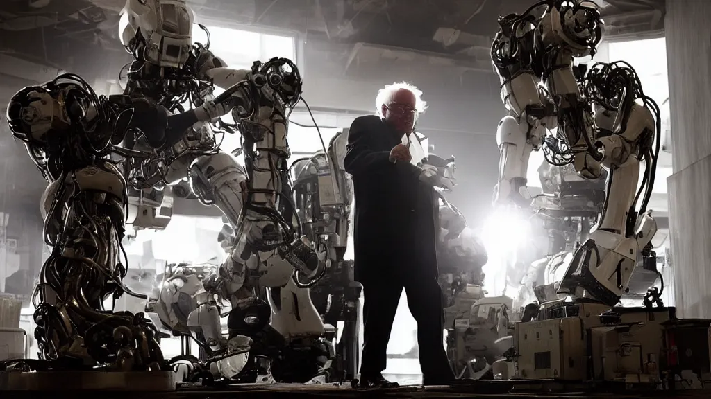 Image similar to bernie sanders putting the finishing touches on a complex magical clockwork doomsday robot, cinematic moody lighting, sharp focus, imax