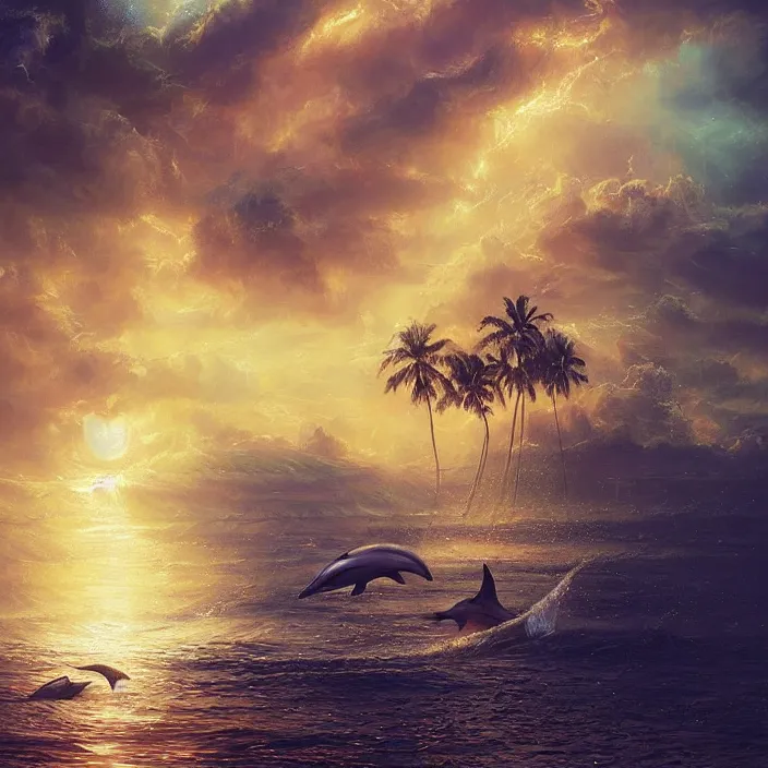 Image similar to dolphins swimming, golden hour, god rays, dreamscape by artgerm and ruan jia and ismail inceoglu and greg olsen, cosmos, milky way galaxy, masterpiece, beautiful, intricate, elegant, highly detailed, palm trees