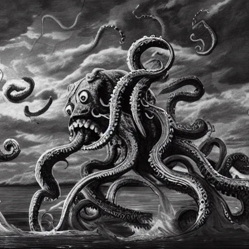 Prompt: kraken devours the ship in the style of kentaro miura, 4 k, 8 k, absolute detail of even the smallest details and particles, beautiful shadows, beautiful art, black and white drawing, high rendering of faces and characters