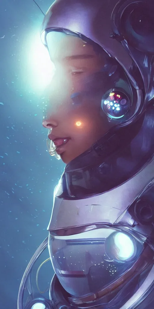 Image similar to Zoe Kravitz with short hair as a futuristic astronaut, helmet with led lights, underwater in the ocean at night, clear water, volumetric lighting, glowing lights, 4k, octane, digital painting, artstation, concept art, sharp focus, illustration, art by artgerm and greg rutkowski and alphonse mucha , wide angle view,