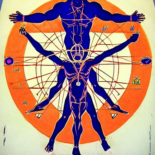 Image similar to occult cyberpunk vitruvian man. propaganda poster, pencil lines and acrylic colors. by heade and froud.