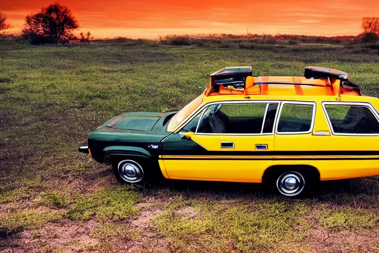 Image similar to 1 9 7 3 ford pinto stationwagon, yellow - orange color, wide - angle lens, dramatic lighting, cool marketing photo