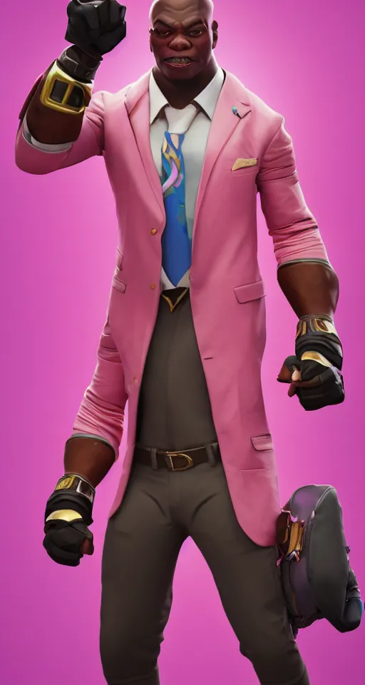 Image similar to doomfist, pink blazer, overwatch game, digital art, high detailed, artstation, 3 d render