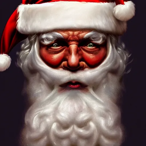 Image similar to frontal torso view of evil santa claus with cream colored cap and cream colored robe, red mouth, greenish cream colored background, fine art, award winning, intricate, elegant, sharp focus, cinematic lighting, digital painting, 8 k concept art, by michael hussar and greg manchess and brom and z. w. gu, 8 k