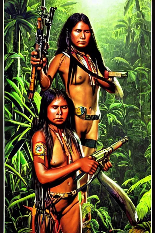 Prompt: an indigenous ecuadorian huaorani young woman holding a nuclear futuristic weapon in the jungle, poster art by daniele caruso, benediktus budi, jason edmiston, vc johnson, powell peralta, volumetric light, foggy ambience