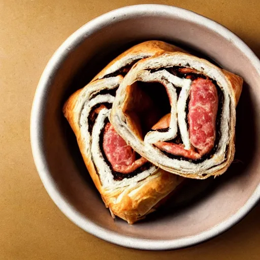 Prompt: ceaseless watcher, turn your gaze upon this wretched greggs sausage roll, horror, photograph