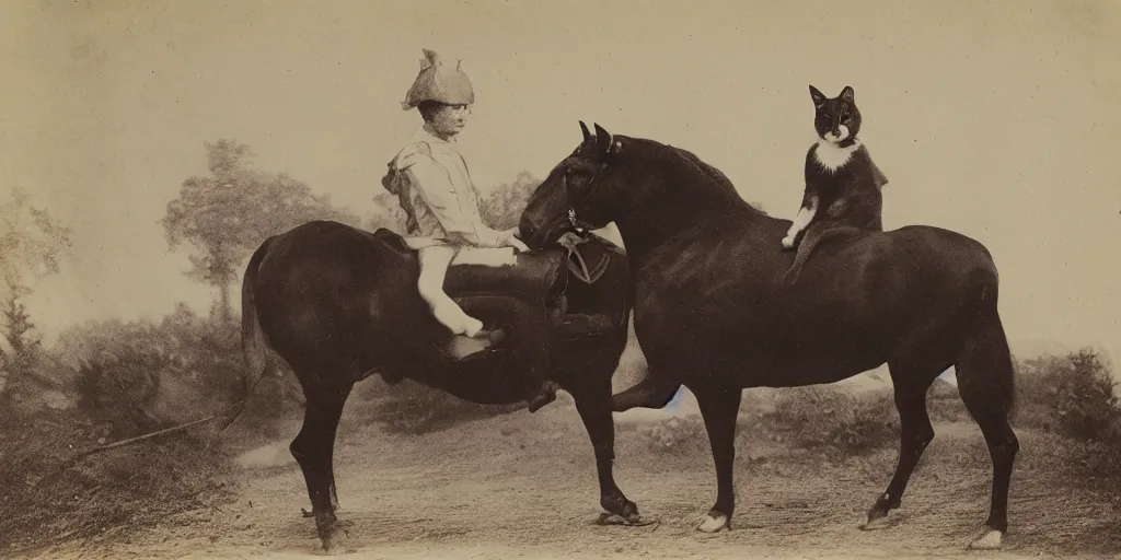 Image similar to a cat sitting on a horse, strange, black and white, photograph, 1850s