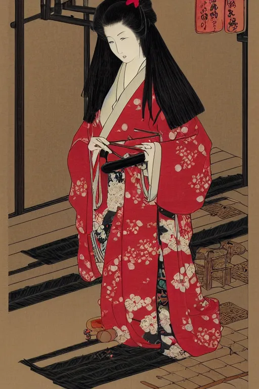 Prompt: portrait of a long haired woman wearing a red kimono playing a biwa in traditional japanese house, delicate, detailed long black hair, detailed flower pattern kimono, elegant, anime key visual, fukaya yuichiro