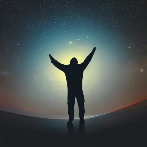 Image similar to astronaut silhouette with arms extended forward, bottom of arms lit by light coming from off camera, light coming from below, starry sky background, lit from below, full body photo,, 8 k