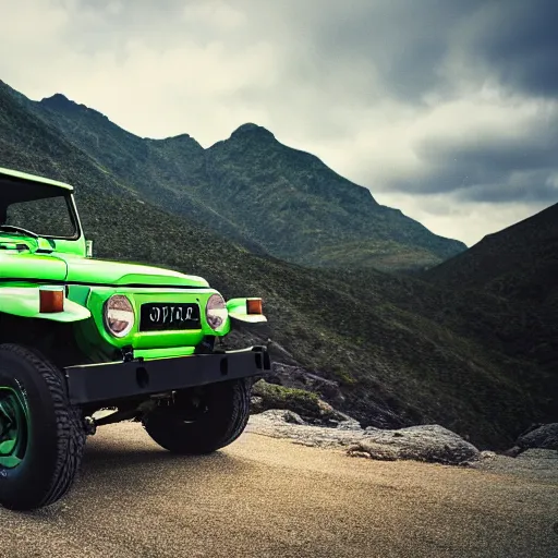 Image similar to closeup of a green Toyota Fj43 build in 1981, traveling through the mountains, black roof, with a roof rack, detailed, 8K, octane render, 8K,