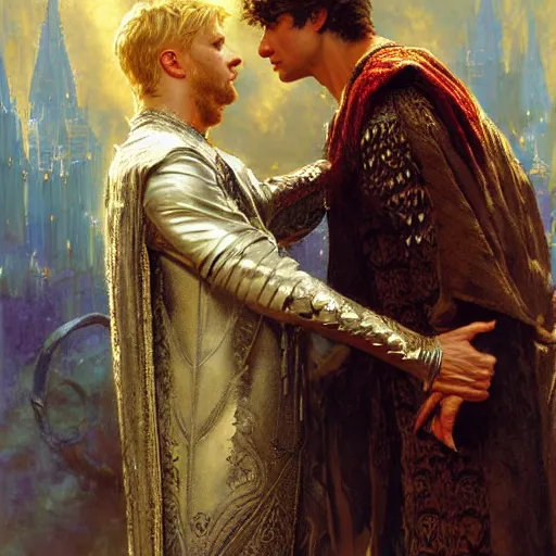 Image similar to stunning arthur pendragon in love with stunning male merlin the mage. they are close to each other. highly detailed painting by gaston bussiere, craig mullins, j. c. leyendecker