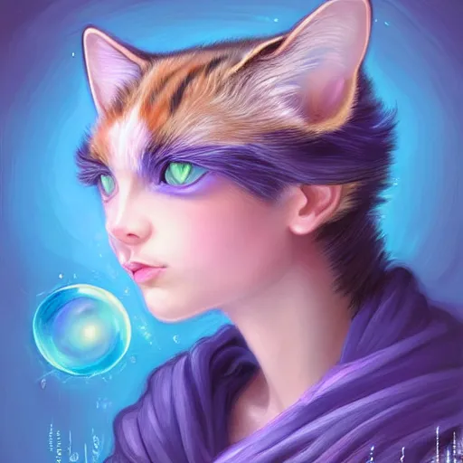 Image similar to dream portrait of a cat wizard wearing blue robes, dreamy and ethereal, expressive pose, big pink eyes, exciting expression, fantasy, intricate, elegant, many rainbow bubbles, rose tones, highly detailed, digital painting, artstation, concept art,cyberpunk wearing, smooth, sharp focus, illustration, art by artgerm and greg rutkowskiand alphonse mucha,Salvador Dali.