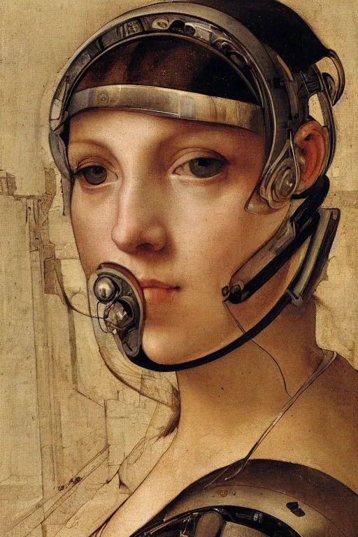 Image similar to a close - up portrait of a cyberpunk cyborg girl, by hans holbein the younger, rule of thirds