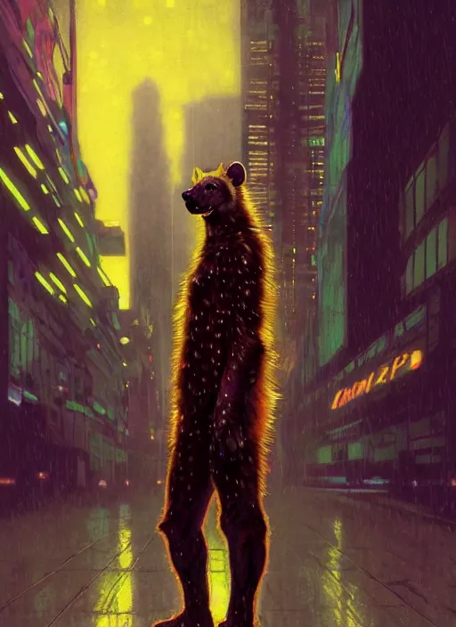 Prompt: beautiful full-body portrait commission of a (female furry anthro!!! spotted hyena fursona) (wearing jedi robes) (in a cyberpunk city at night in the rain). Neon light. Atmospheric. Renowned character illustration by greg rutkowski, thomas kindkade, alphonse mucha, loish, norman rockwell.