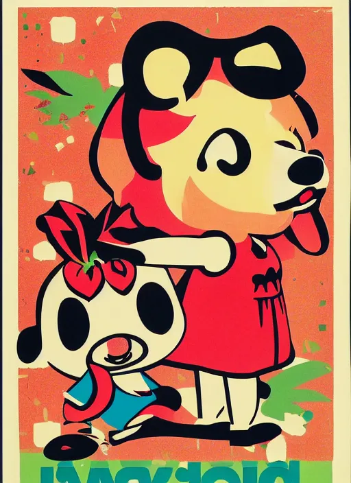 Image similar to Polish posters for Isabelle from Animal Crossing. Screen printed, silkscreen, two-tone paper texture. 1968