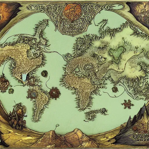 Image similar to simple fantasy map, the land of Odrua, several continents arranged in an arc, world of Lute, by JRR Tolkien and Brian Froud, fantasy map dungeons and dragons, trending on art station, oceans, continents