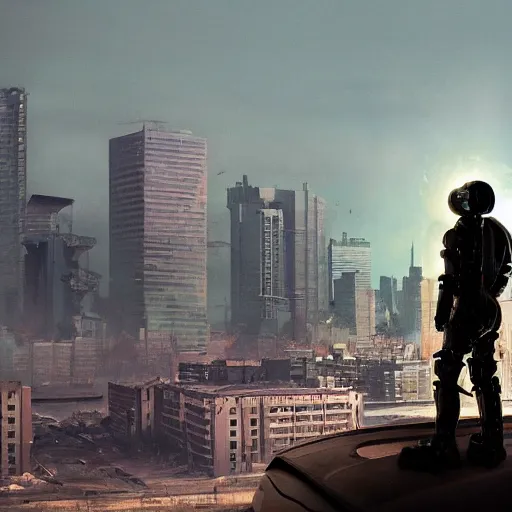 Image similar to a beautiful award-winning photo of the last man on Earth wearing a cybernetic hazmat suit, serene idyllic post-nuclear background, skyline of a derelict city in the background, volumetric lighting, very high quality, extremely detailed, subtle visual noise, 8K