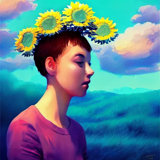 Image similar to girl with a giant daisies head, surreal photography, flower field, sunset dramatic light, impressionist painting, colorful clouds, blue sky, digital painting, artstation, simon stalenhag