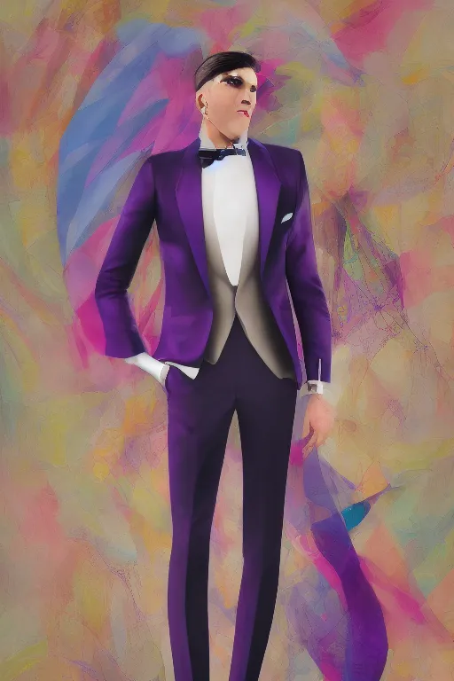 Prompt: hyper realistic male powersuit dapper look artwork of high - end haute couture bespoke fashion by ali sabet, lisa frank & sho murase