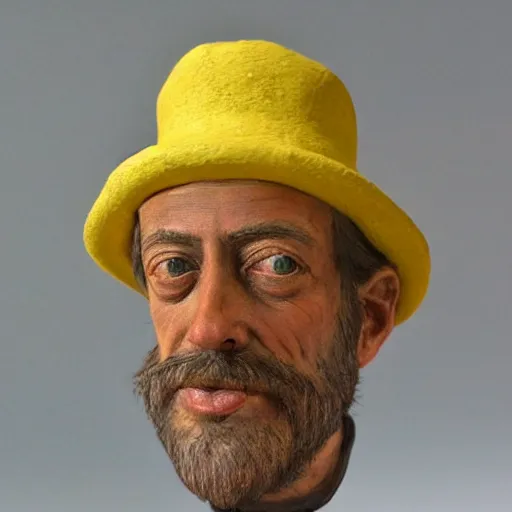 Image similar to hyper realistic closeup bust of a new england fisherman, wearing a yellow fisherman's hat, steve buscemi, painted, colorized, bossons vintage chalkware, by emile renouf