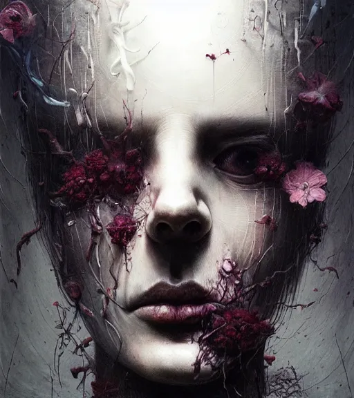 Prompt: portrait, beautiful madness, flowers by wayne barlowe, eric lacombe, henrik aa. uldalen, toru kamei, artgerm and greg rutkowski, itsuko azuma, soft textur, hyper realistic, extremely detailed mysterious, aesthetic!!! hyper detailed