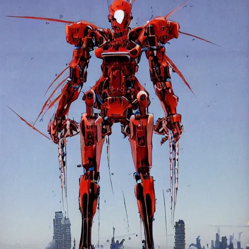 Prompt: a sleek, slender mecha suit defending the city, designed by hideaki anno, drawn by tsutomu nihei, and painted by zdzislaw beksinski