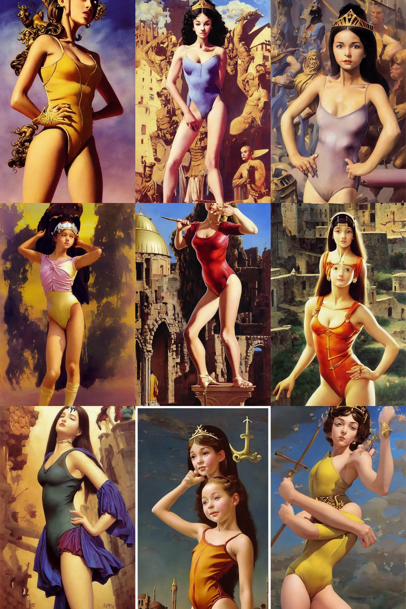 Prompt: Worksafe, fully clothed. Painting of young, gentle and cute girl, posing in leotard and tiara, in medieval Constantinople with orthodoxy aesthetics, by Frank Frazetta, Boris Vallejo, Larry Elmore, Julie Bell, Keith Parkinson, Salvador Dali, Hajime Sorayama, Ayami Kojima and lyde Caldwell, trending on ArtStation.