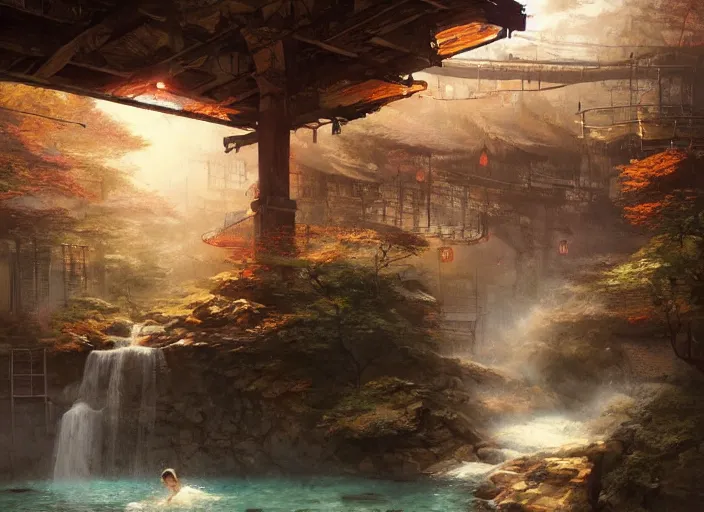 Prompt: a japanese mountain onsen, Concept art by Marc Simonetti, Darek Zabrocki, Jordan Grimmer, Noah Bradley, masterpiece, highly detailed and ultra realistic, trending on artstation