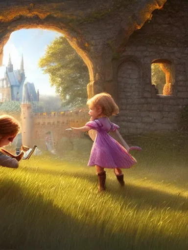 Image similar to children playing inside a meadow in the castle walls. intricate, elegant, highly detailed, digital painting, artstation, concept art, sharp focus, illustration, by justin gerard and artgerm, 8 k