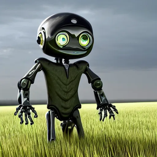 Image similar to a robot that looks like Gollum being tested in a plain field, photorealistic