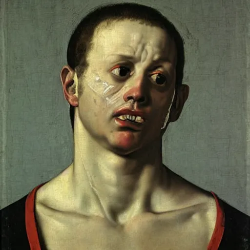 Prompt: Mannerism painting portrait of a man crying scared, sadness, fear, and anxiety, by Agnolo Bronzino