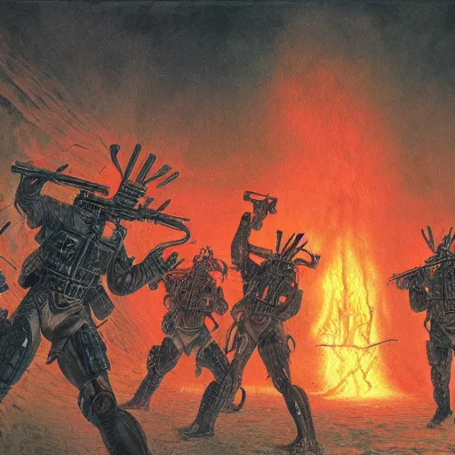 Image similar to tactical team in hell, by wayne barlowe