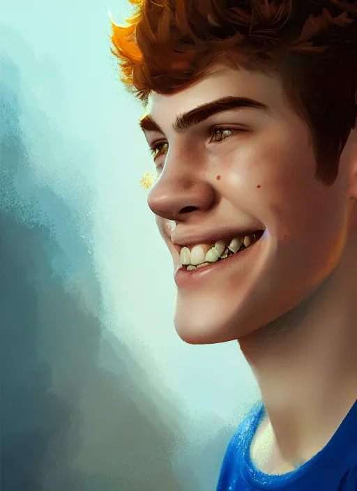 Image similar to portrait of teenage archie andrews, freckles, curly middle part haircut, curly hair, smiling kindly, intricate, elegant, glowing lights, highly detailed, digital painting, artstation, concept art, smooth, sharp focus, illustration, art by wlop, mars ravelo and greg rutkowski