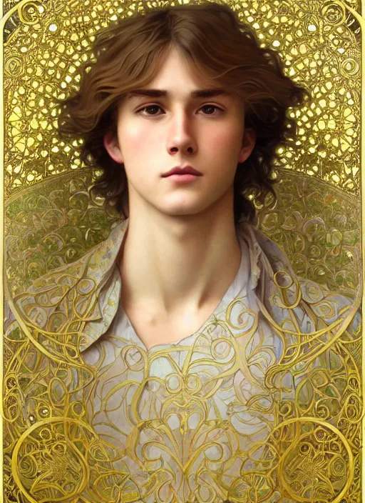 Image similar to pretty young man with shoulder length shiny shimmering golden blond hair, half body shot, decorative flower patterned background, path traced, highly detailed, high quality, digital painting, by studio ghibli and alphonse mucha, leesha hannigan, hidari, disney, jules bastien - lepage