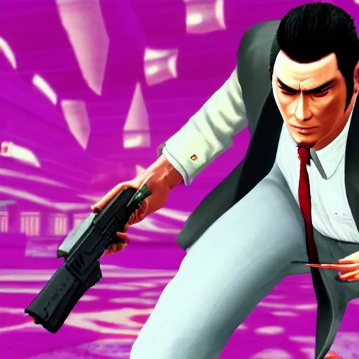 Prompt: Kazuma Kiryu in Grand Theft Auto Vice City, detailed promotional image