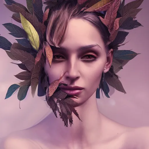 Prompt: a highly detailed digital image of a futuristic woman elegantly wrapped with leaves, artstation, extremely detailed woman, stunning volumetric lighting, hyper realism, fantasy 4k,