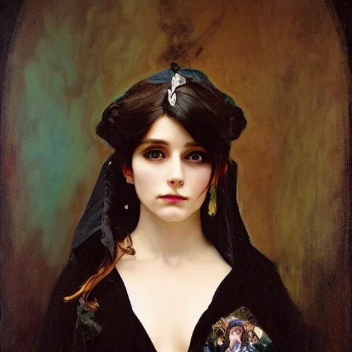 Image similar to oil painting of grumpy dark haired women, cameraflash portrait by alphonse mucha, ivan aivazovsky, greg rutkovski, wearing black coat, black makeup, ice mage, shooting ice, fantasy artwork, fantastic artwork, 4 k, trending on artstation