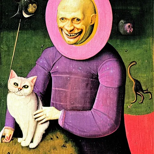 Image similar to portrait of the cat of cheshire bosch with pink and purple stripes and a huge malicious smile by hieronymus bosch. oil on wood