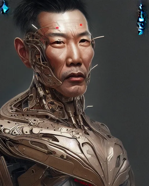 Prompt: a middle aged chinese male cyborg, elegant, real life skin, intricate, high detailed, artstation, concept art, smooth, sharp focus, art by artgerm and greg rutkowski