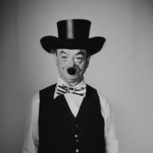 Image similar to black and white mugshot, bill murray, he is wearing a top hat, wearing bandit mask