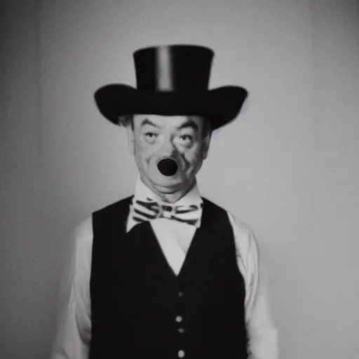 Prompt: black and white mugshot, bill murray, he is wearing a top hat, wearing bandit mask