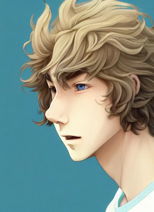 Image similar to young man with medium - length, curly, golden hair, perfectly proportioned face, aquamarine eyes, thin eyebrows, sweet smile, natural lighting, path traced, highly detailed, high quality, cartoon, digital painting, by new haicheng and studio ghibli