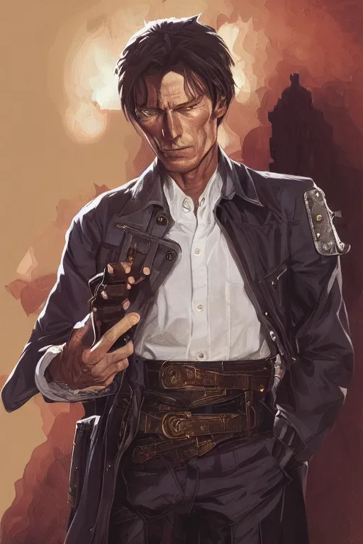 Prompt: young clint eastwood as full metal alchemist, portrait, western, duster, fantasy, intricate, elegant, highly detailed, digital painting, artstation, concept art, sharp focus, illustration, art by artgerm and greg rutkowski and alphonse mucha