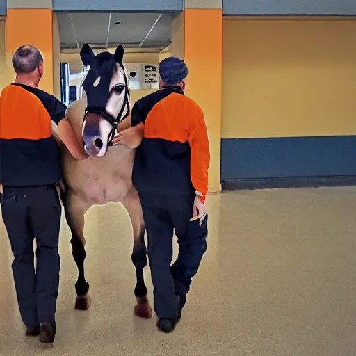 Prompt: inmate wearing horse head with orange clothes