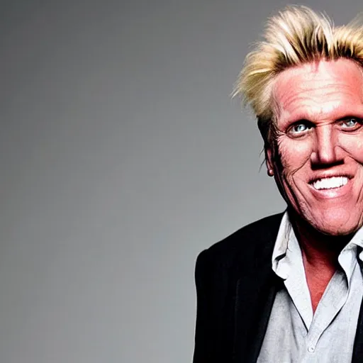 Prompt: gary busey, dirty in his face, wearing a messed up business suit