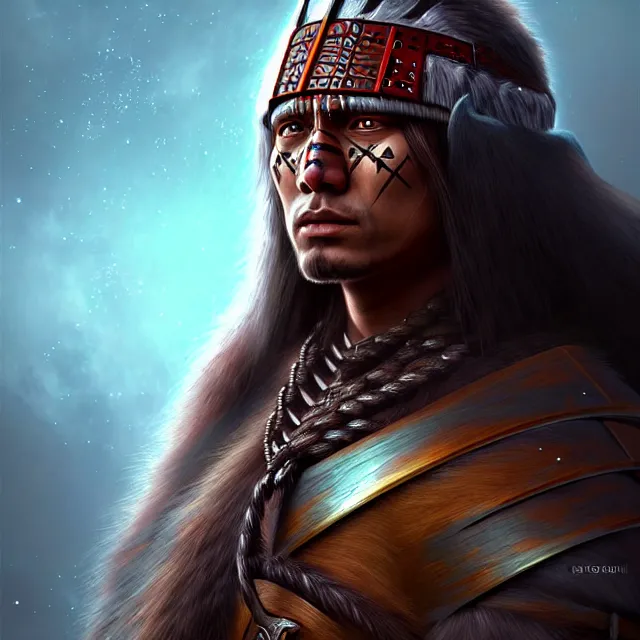 Prompt: epic professional digital art of a medieval north American indigenous Warrior, fantasy art, best on artstation, cgsociety, wlop, cosmic, epic, stunning, gorgeous, much detail, much wow, masterpiece